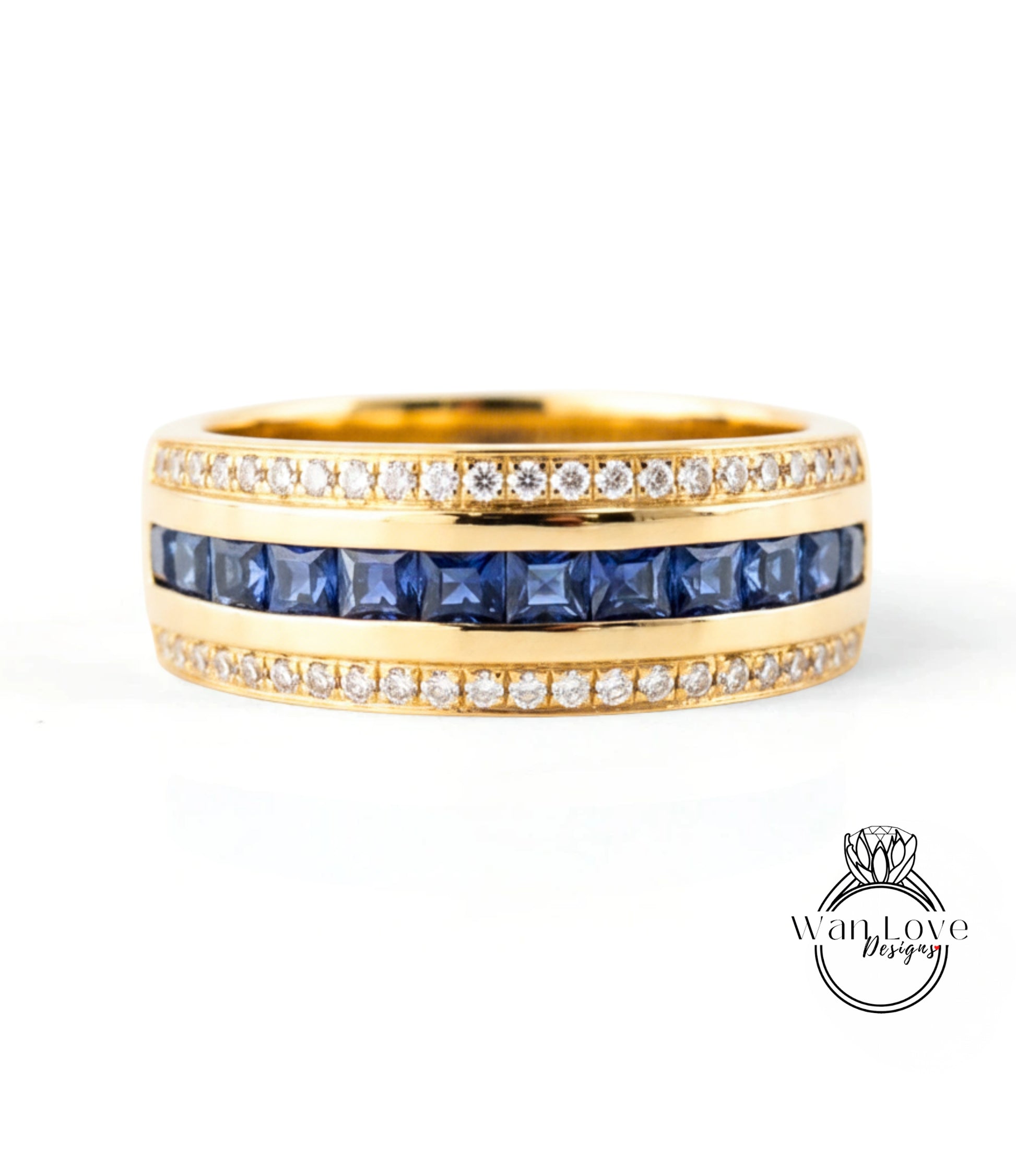 A gold ring with a band of blue gemstones and a row of diamonds along the band.