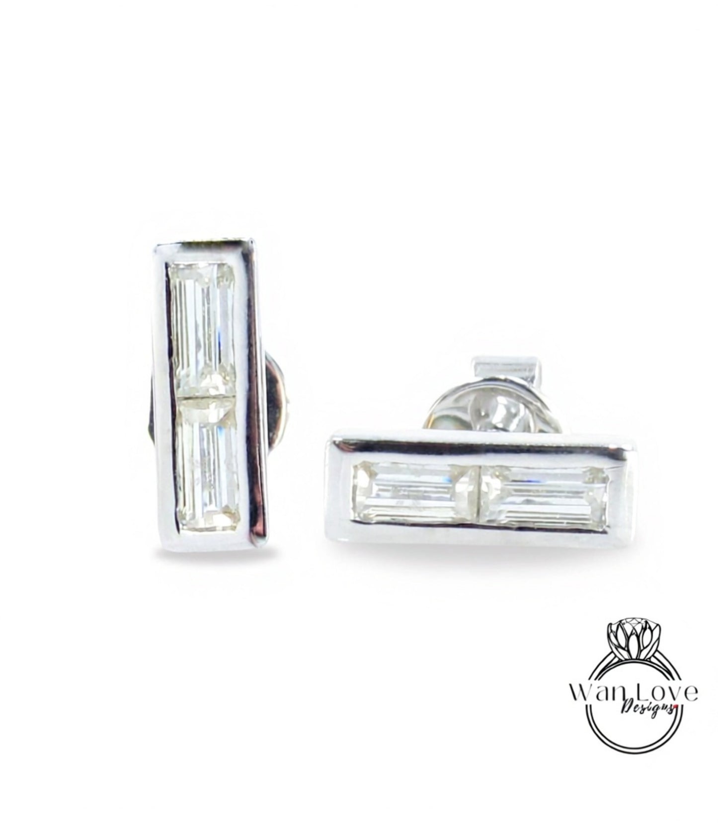 Moissanite Bar Earrings, Moissanite 2 gem stone Baguette cut Wedding Studs, White Gold Bezel Earrings, Gift for her, Ready to Ship Earrings Wan Love Designs