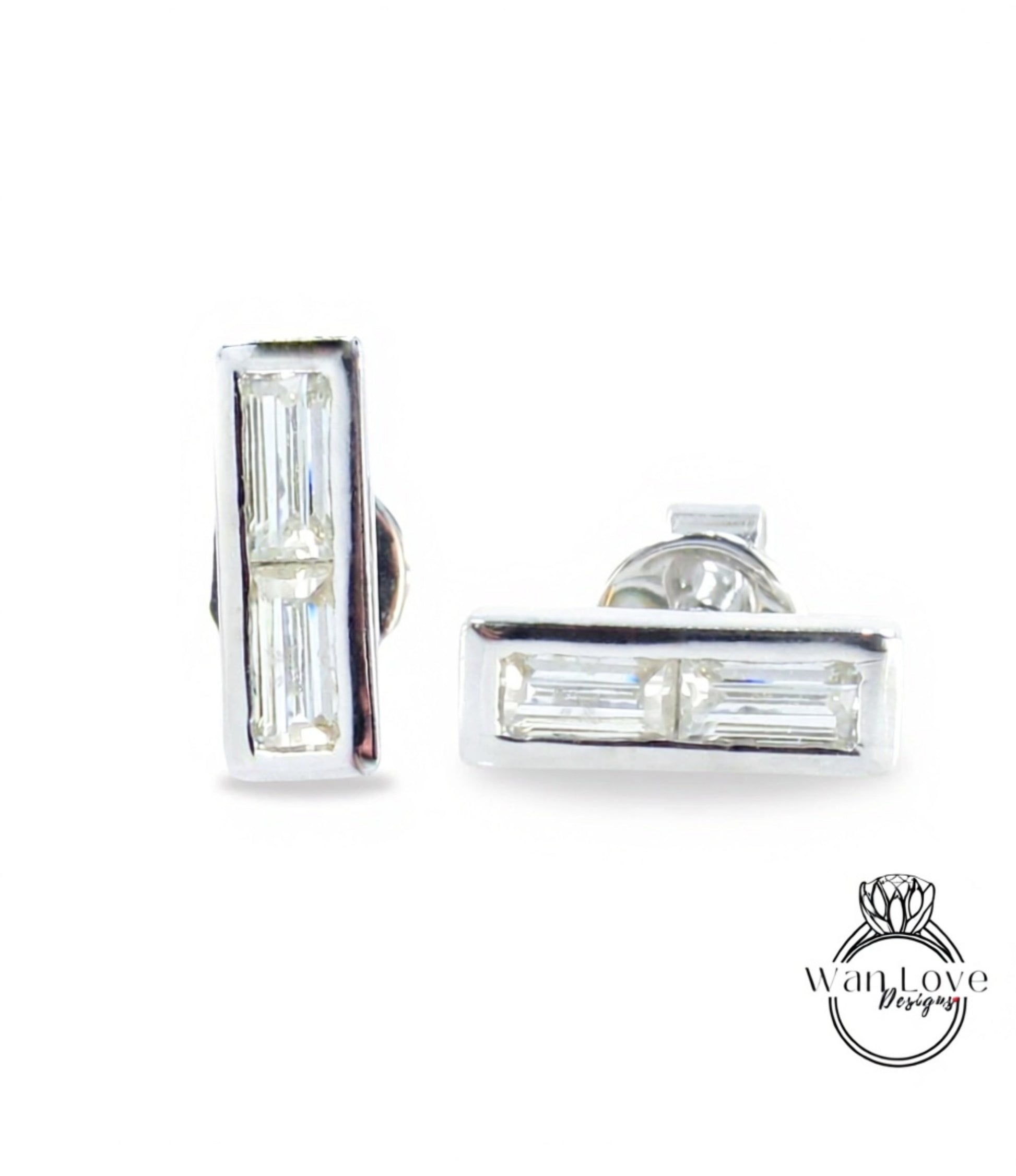 Moissanite Bar Earrings, Moissanite 2 gem stone Baguette cut Wedding Studs, White Gold Bezel Earrings, Gift for her, Ready to Ship Earrings Wan Love Designs