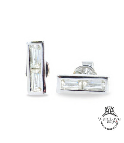 Moissanite Bar Earrings, Moissanite 2 gem stone Baguette cut Wedding Studs, White Gold Bezel Earrings, Gift for her, Ready to Ship Earrings Wan Love Designs