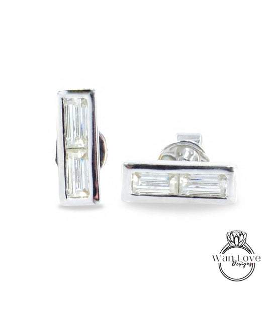 Moissanite Bar Earrings, Moissanite 2 gem stone Baguette cut Wedding Studs, White Gold Bezel Earrings, Gift for her, Ready to Ship Earrings Wan Love Designs