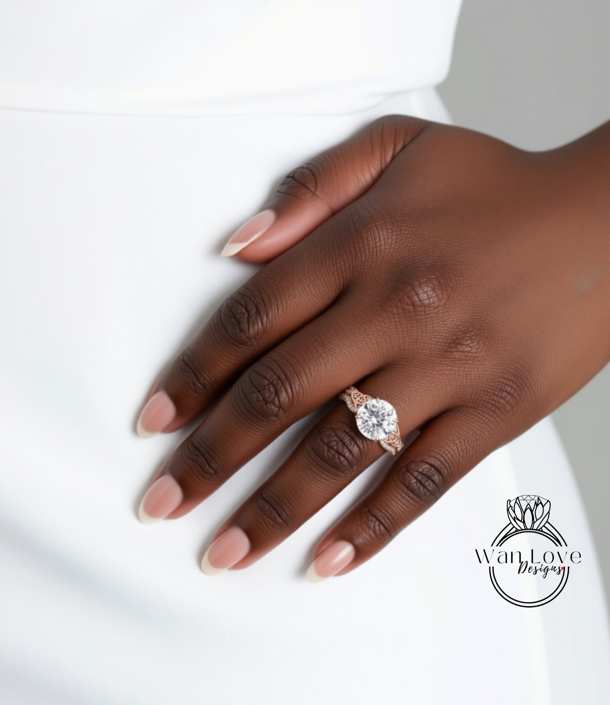 A close-up of a person's hand wearing a large, round diamond engagement ring.