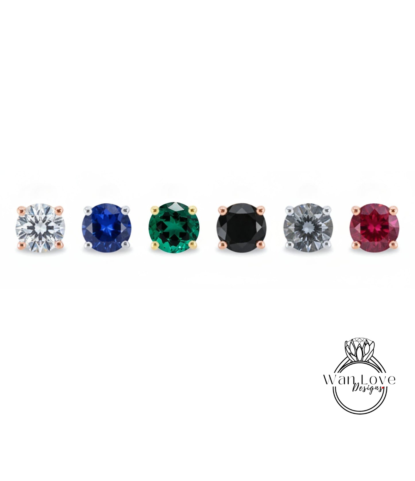 a collection of six different colored gemstones, including diamonds, arranged in a row.