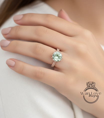 Anello di fidanzamento con fiore di loto con ametista verde e diamante Prasiolite, rotondo, 14k 18k bianco giallo oro rosa, platino, personalizzato, matrimonio