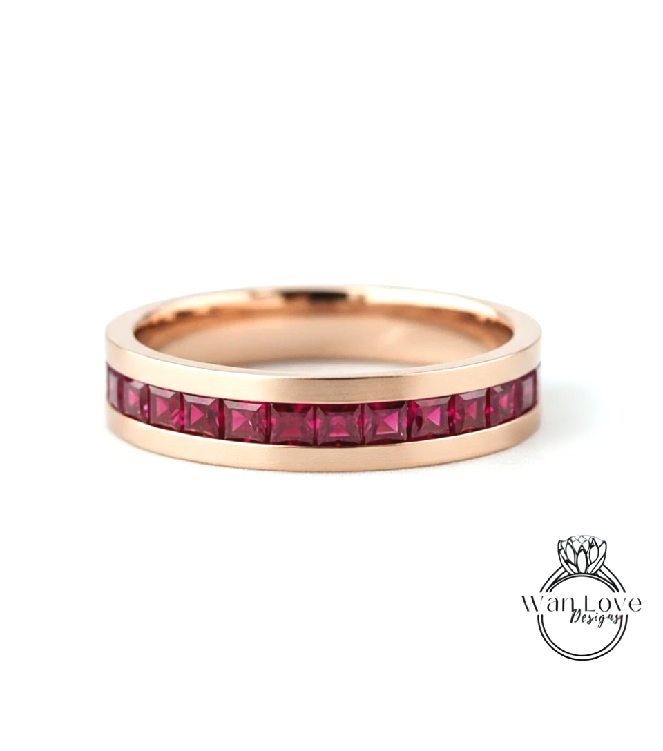 Mens Moissanite Diamond Wedding Band, Channel Princess cut Mens Wedding Band, Solid Gold Wedding Ring, His Wedding Band, Mens Promise Band