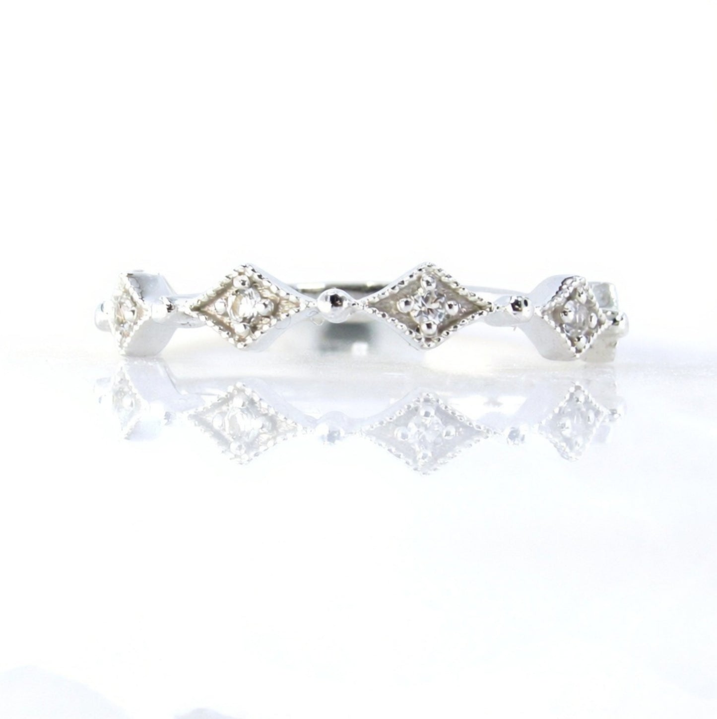 White sapphire wedding band art deco white gold ring vintage band thin dainty stacking almost eternity matching band anniversary ring-Ready