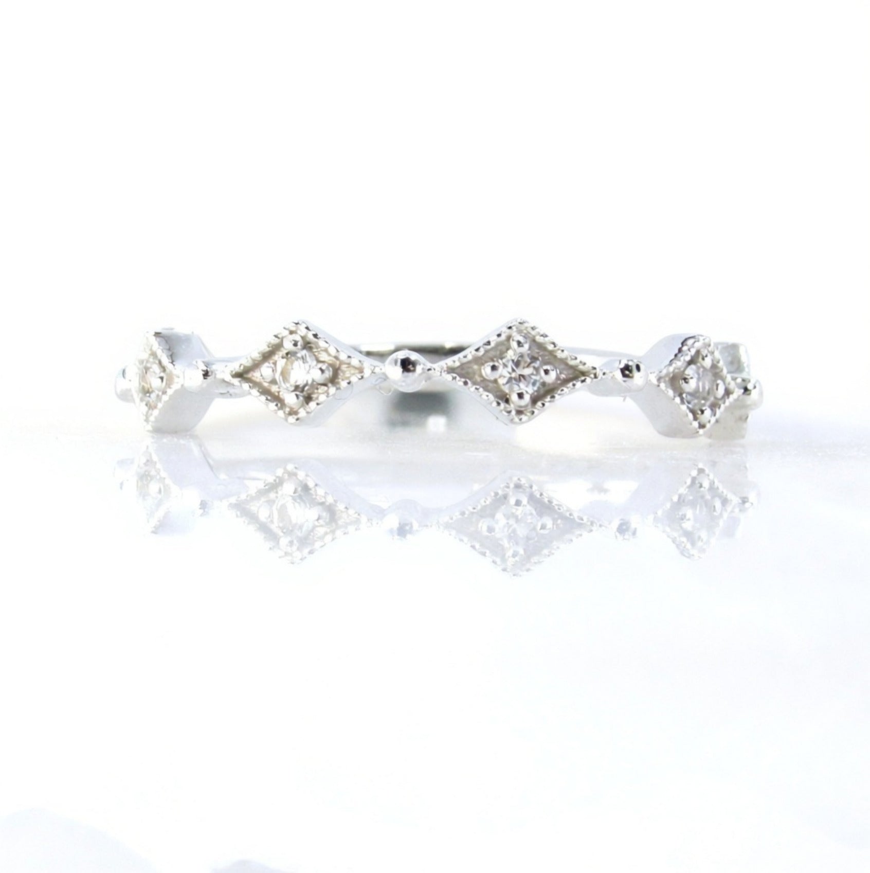 White sapphire wedding band art deco white gold ring vintage band thin dainty stacking almost eternity matching band anniversary ring-Ready