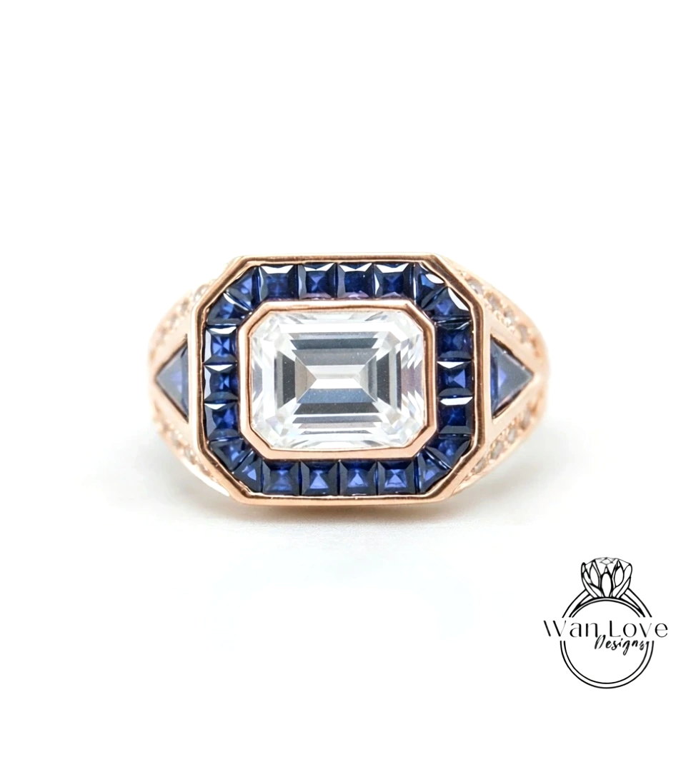 Art Deco Mens Wedding Ring - Mens Blue Sapphire Diamond Ring - Emerald cut Bezel Set Mens Ring - Mans Moissanite Ring - Birthstone Mans Ring