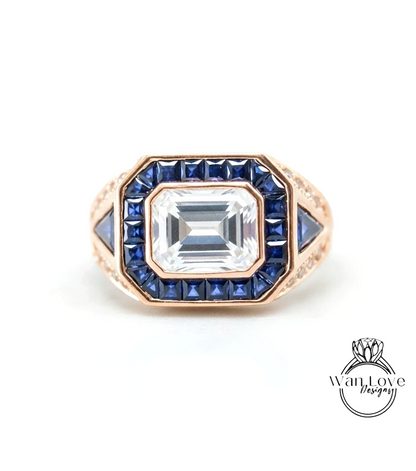 Art Deco Mens Wedding Ring - Mens Blue Sapphire Diamond Ring - Emerald cut Bezel Set Mens Ring - Mans Moissanite Ring - Birthstone Mans Ring