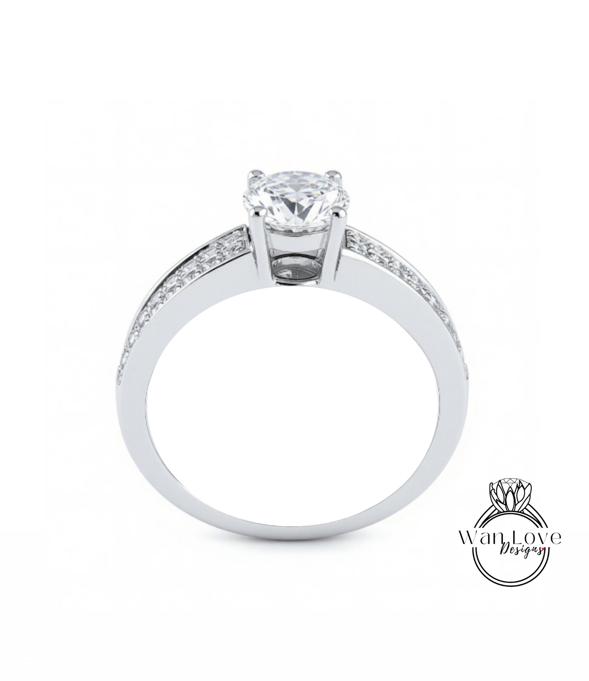 A silver engagement ring with a large central diamond and smaller diamonds along the band.
