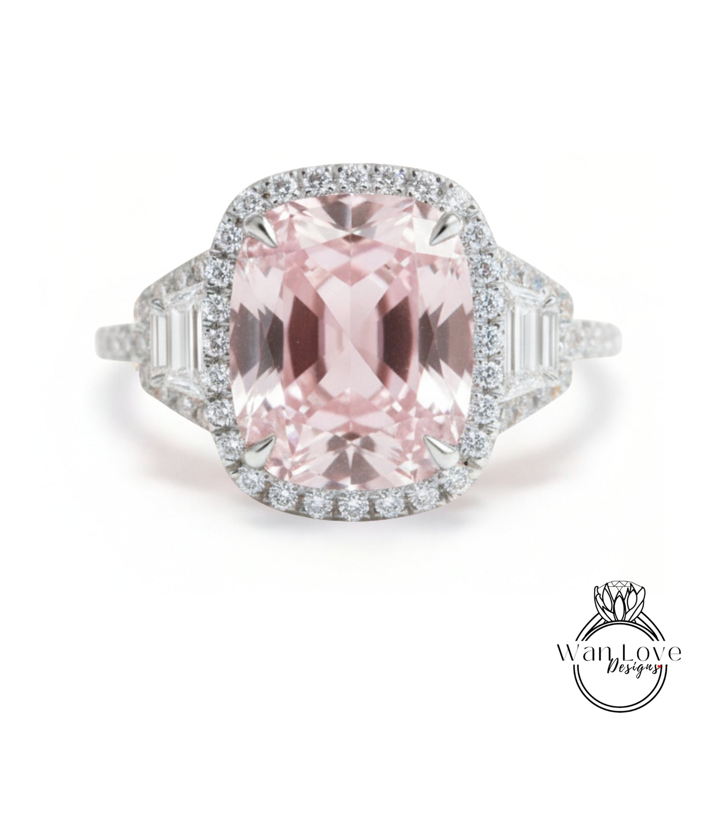 A stunning pink gemstone ring with a halo of diamonds around it, showcasing the intricate details and craftsmanship of the jewelry piece.