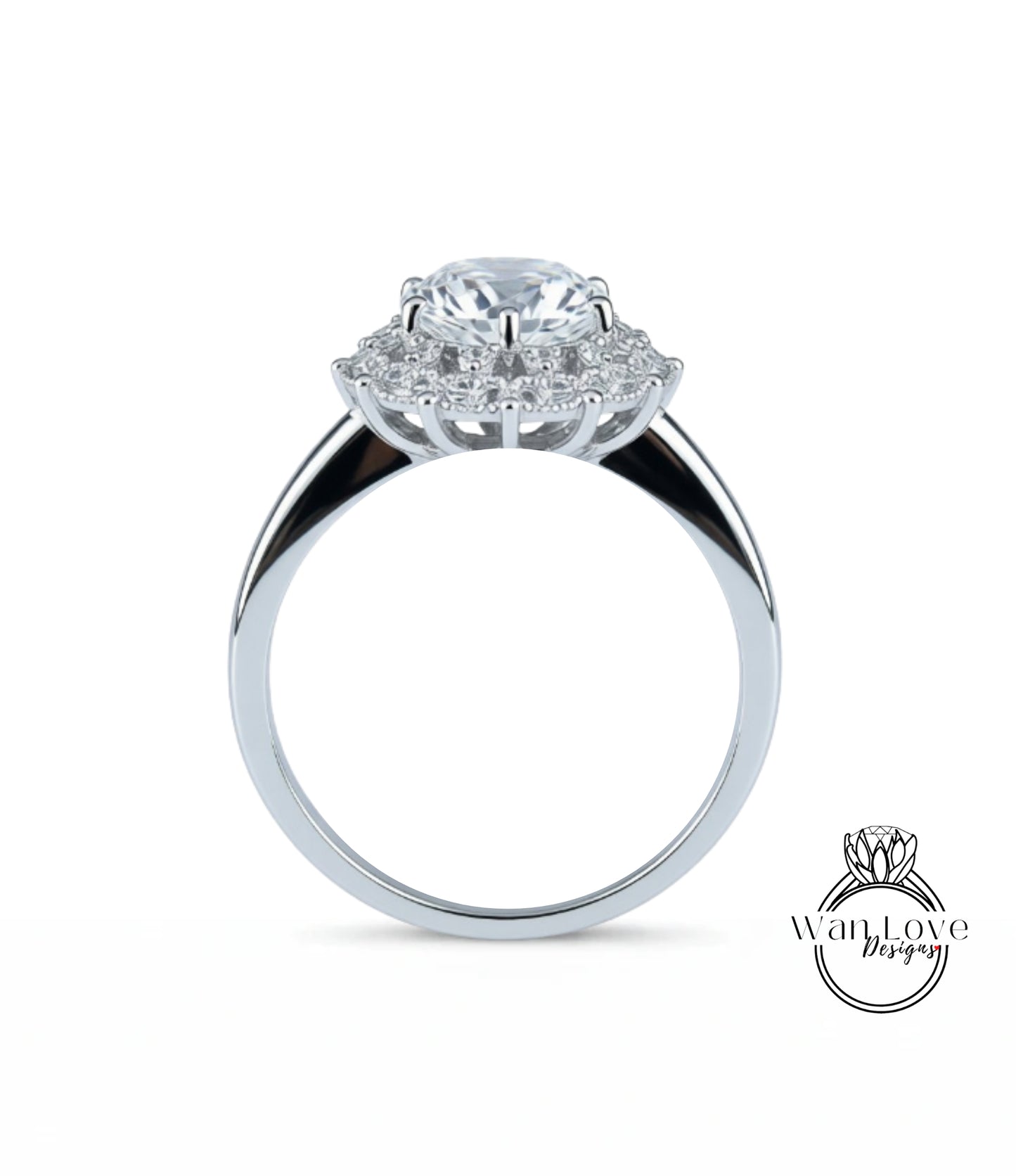 A silver ring with a large central diamond surrounded by smaller diamonds, showcasing the intricate design and craftsmanship of the piece.