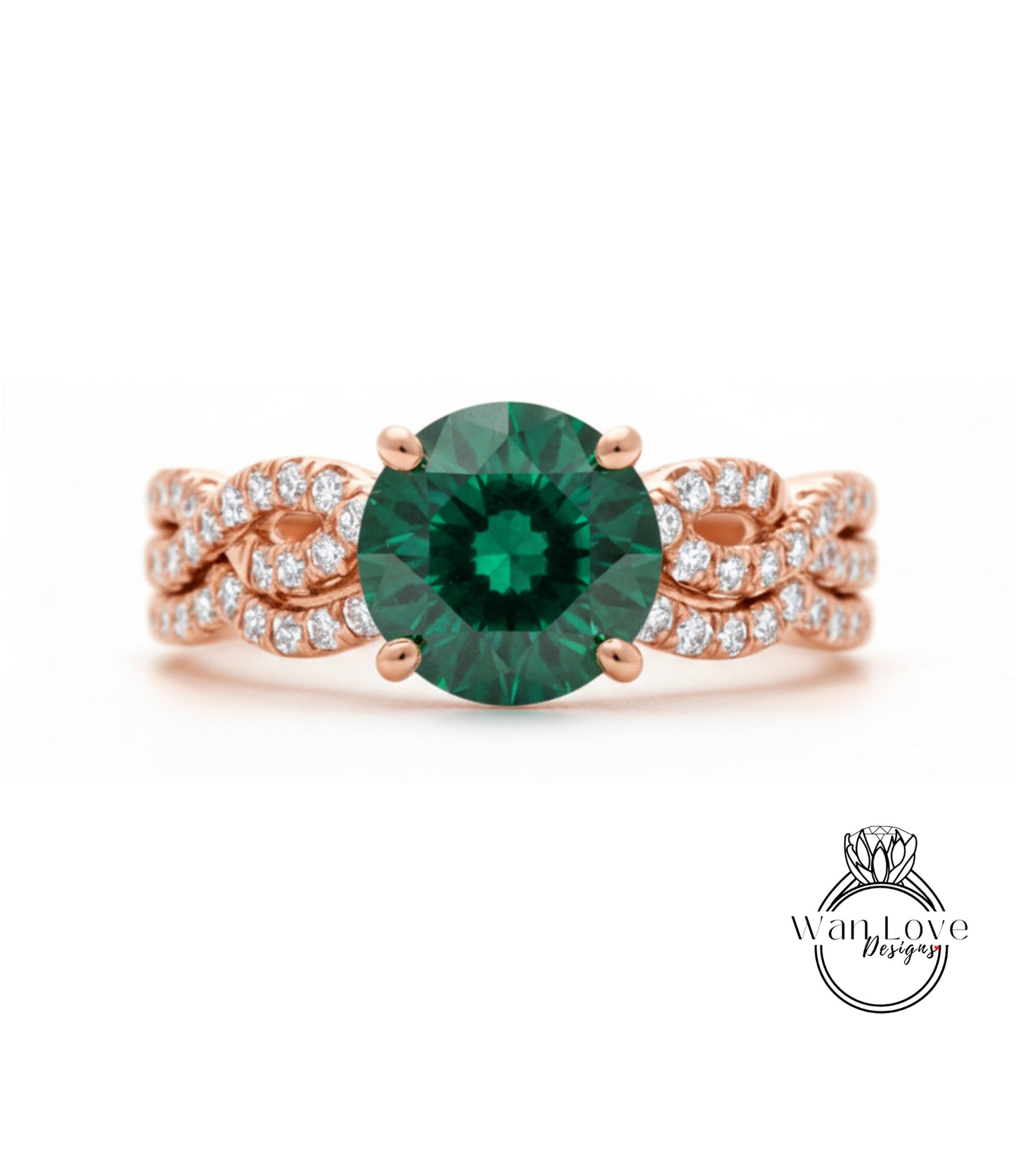 A rose gold ring with a large green gemstone at the center, surrounded by smaller diamonds.