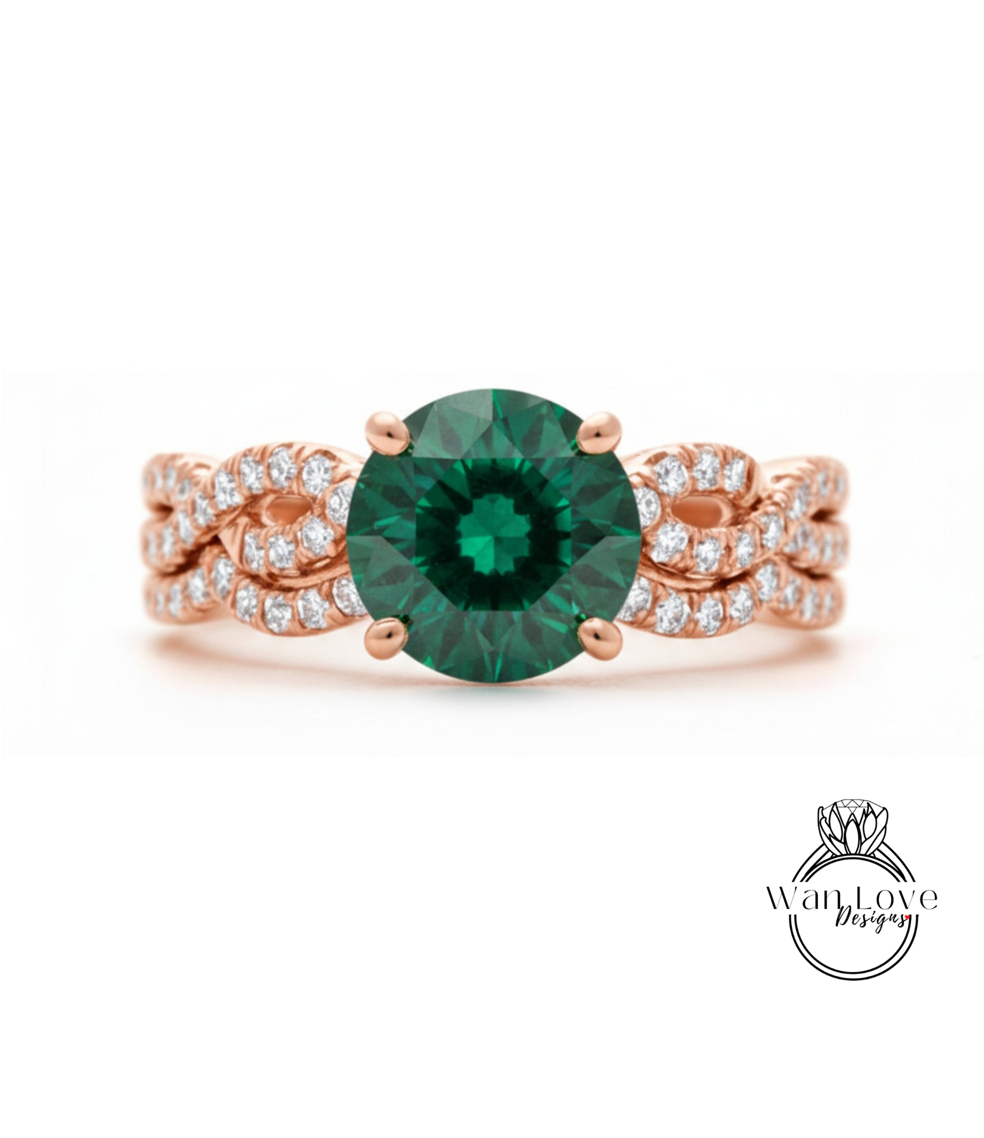 A rose gold ring with a large green gemstone at the center, surrounded by smaller diamonds.