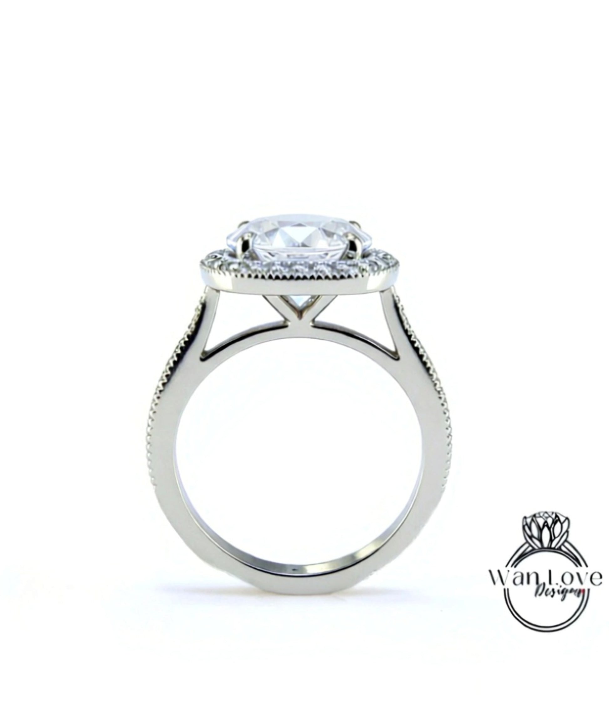 Diamond Engagement Ring white gold band vintage Cushion milgrain halo ring round Lab Diamond prong art deco Bridal Anniversary Promise ring Wan Love Designs
