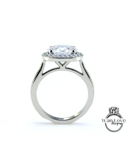 Diamond Engagement Ring white gold band vintage Cushion milgrain halo ring round Lab Diamond prong art deco Bridal Anniversary Promise ring Wan Love Designs