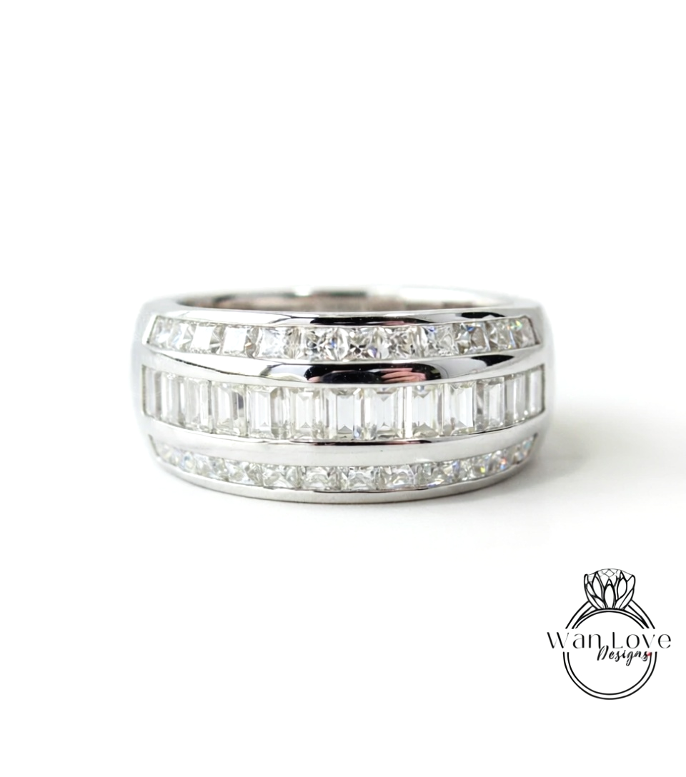 Moissanite Channel set Baguette Princess Wedding Band,Mans Ring,Custom,Engagement,Pinky,White Gold,Commitment,Anniversary Gift-Ready to Ship