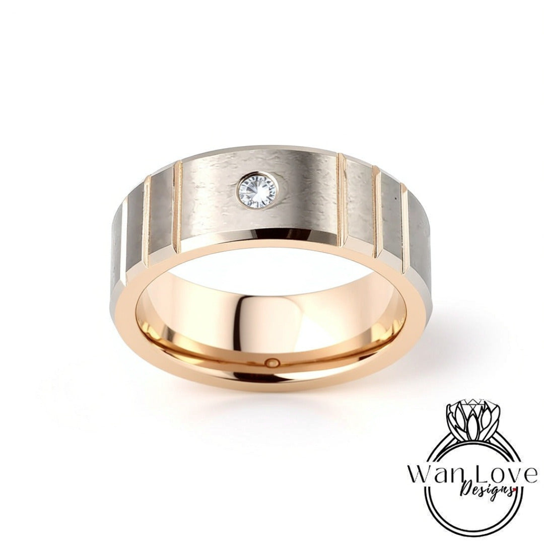 Rose Gold Silver Men's Moissanite Diamonds Wedding Ring, Grooved Tungsten Wedding Ring, Mens Engagement Ring Wedding Band, Man Anniversary Wan Love Designs