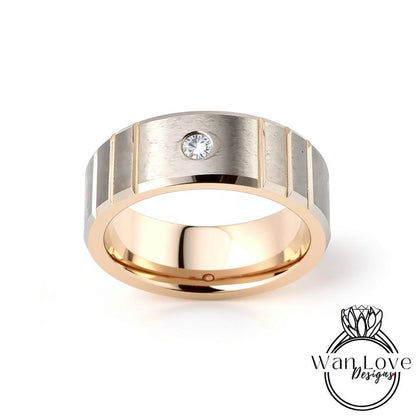Rose Gold Silver Men's Moissanite Diamonds Wedding Ring, Grooved Tungsten Wedding Ring, Mens Engagement Ring Wedding Band, Man Anniversary Wan Love Designs
