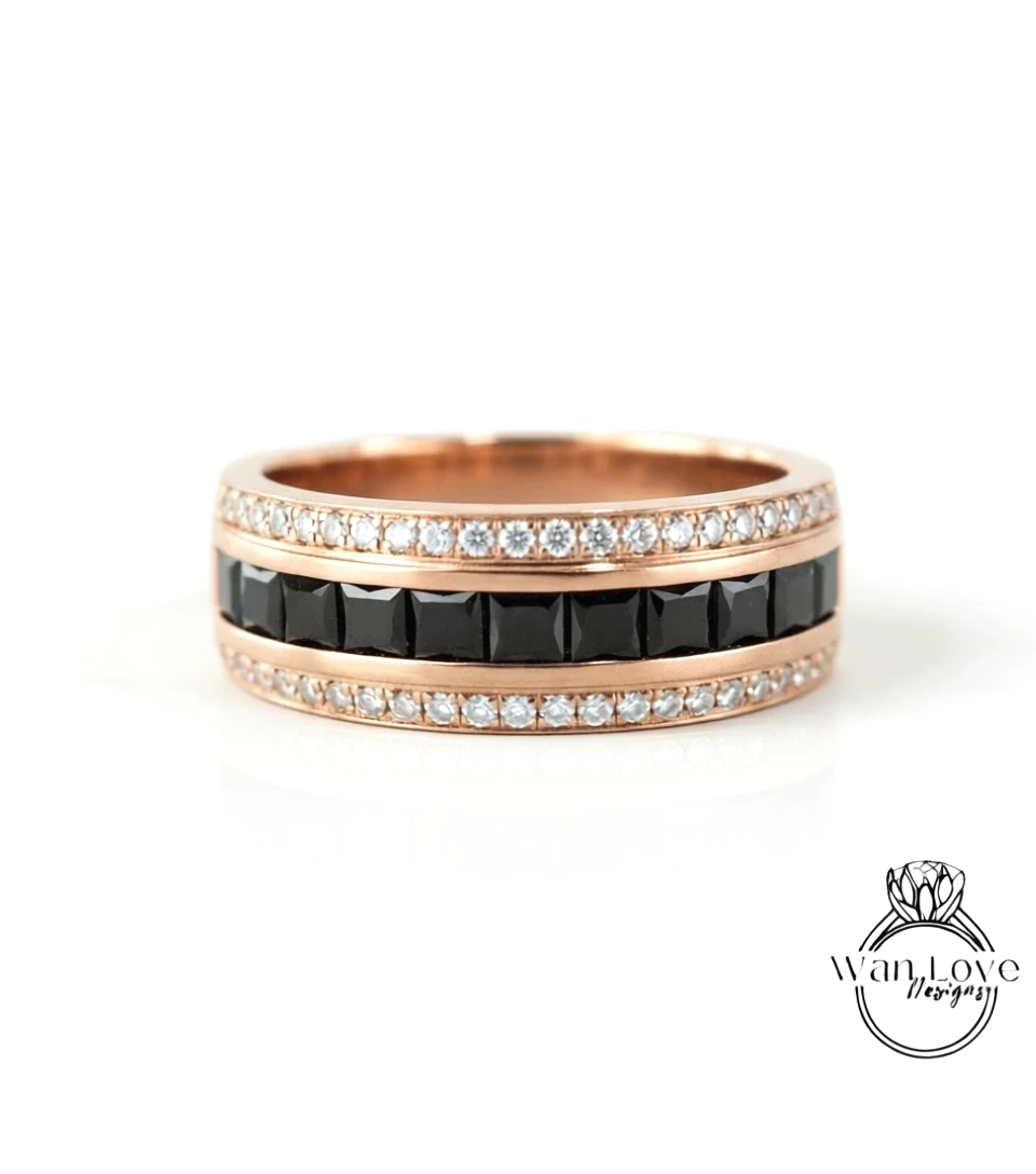 Princess cut Black Spinel and Diamond Men Ring in 14k White Gold | Black Moissanite Ring | Wedding Ring | Gifts For Him | Diamond Mens Rings