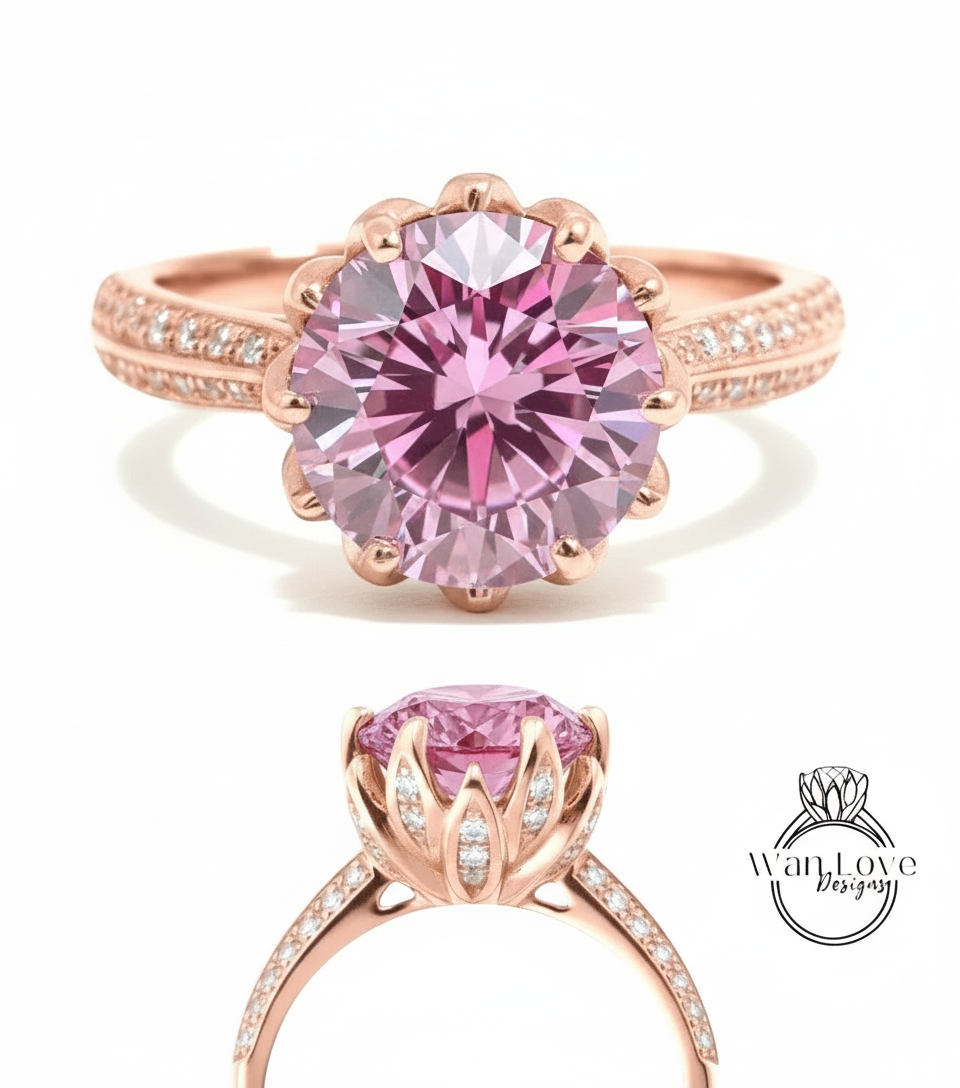 Anello di fidanzamento con fiore di loto e zaffiro rosa, taglio rotondo, 14 kt, 18 kt, bianco, giallo, oro rosa, platino, personalizzato