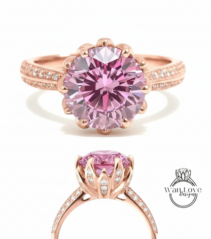 Anello di fidanzamento con fiore di loto e zaffiro rosa, taglio rotondo, 14 kt, 18 kt, bianco, giallo, oro rosa, platino, personalizzato