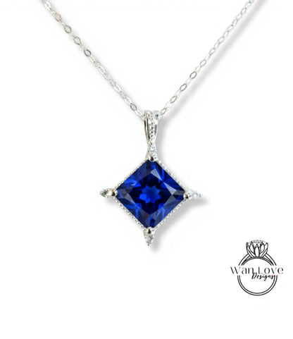 White Blue Pink Sapphire Moissanite Emerald Diamonds Princess North Star Milgrain Pendant Necklace Custom Wedding Anniversary Gift