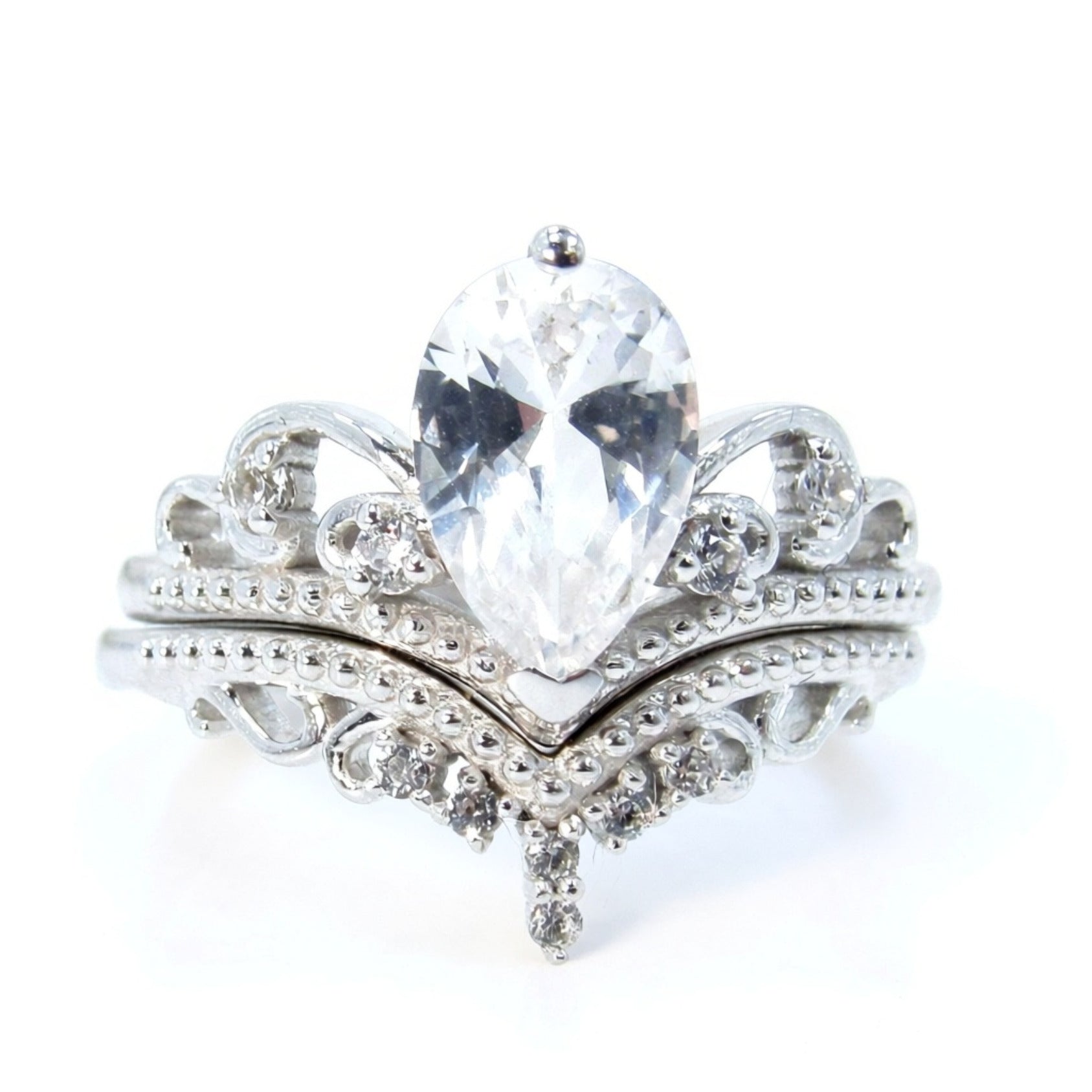 Ready to ship White gold Pear Shape Royal Crown Engagement Ring, Women ring Vintage Pear White Sapphire ring Cluster Curved Band Bridal Set Wan Love Designs