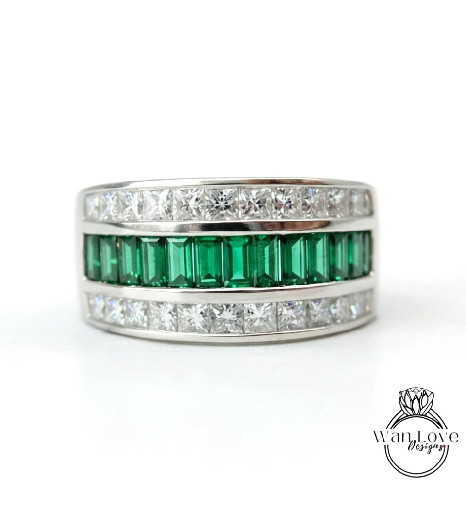 Men's Emerald Ring -Green Emerald Mens Ring - Emerald Wedding Band - His Emeralds Band - Unique Mens Band - 14k Gold Birthstone Mans Ring