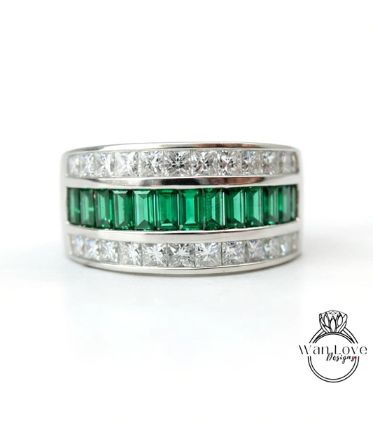Men's Emerald Ring -Green Emerald Mens Ring - Emerald Wedding Band - His Emeralds Band - Unique Mens Band - 14k Gold Birthstone Mans Ring