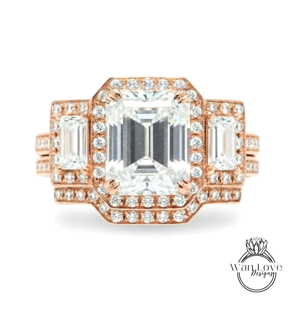 A stunning engagement ring with a large central diamond surrounded by smaller diamonds on the sides, set in a rose gold band.