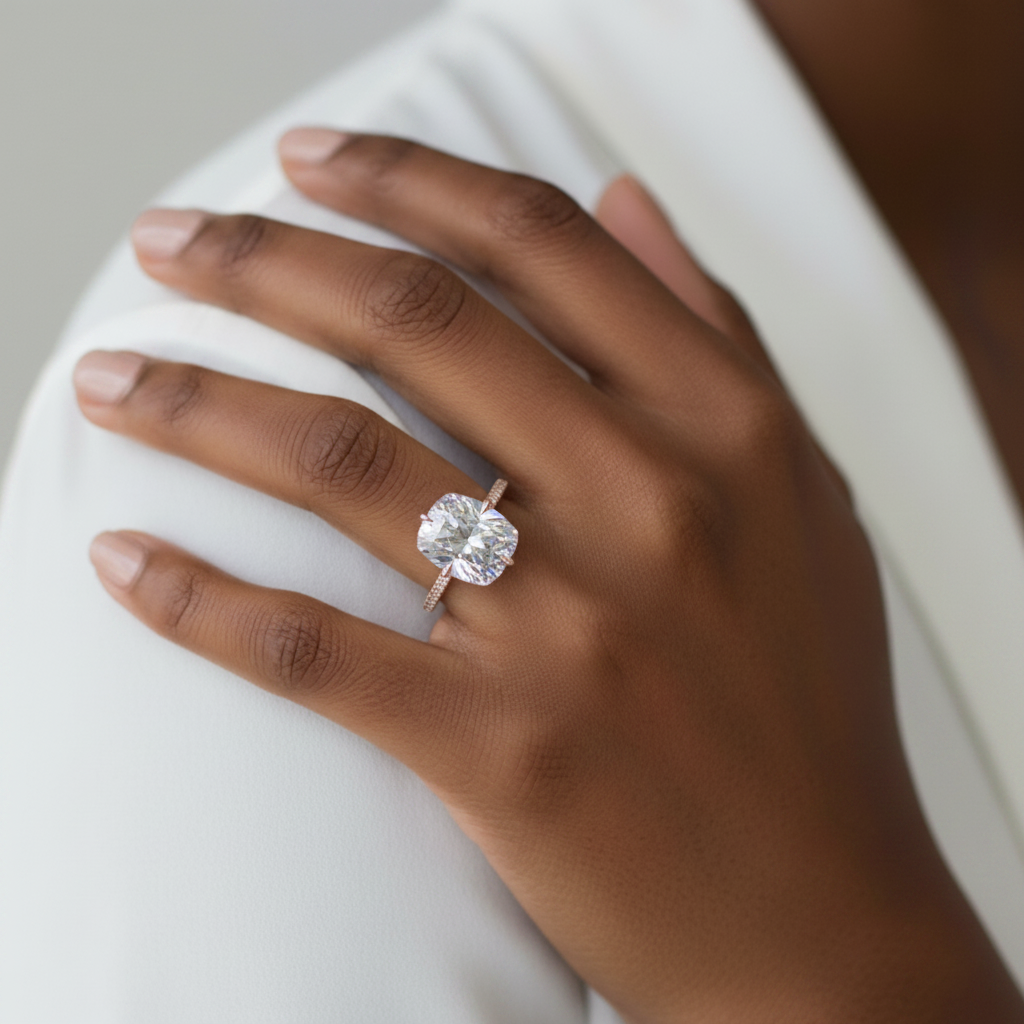 A close-up of a person's hand wearing a large, round diamond engagement ring on the ring finger.