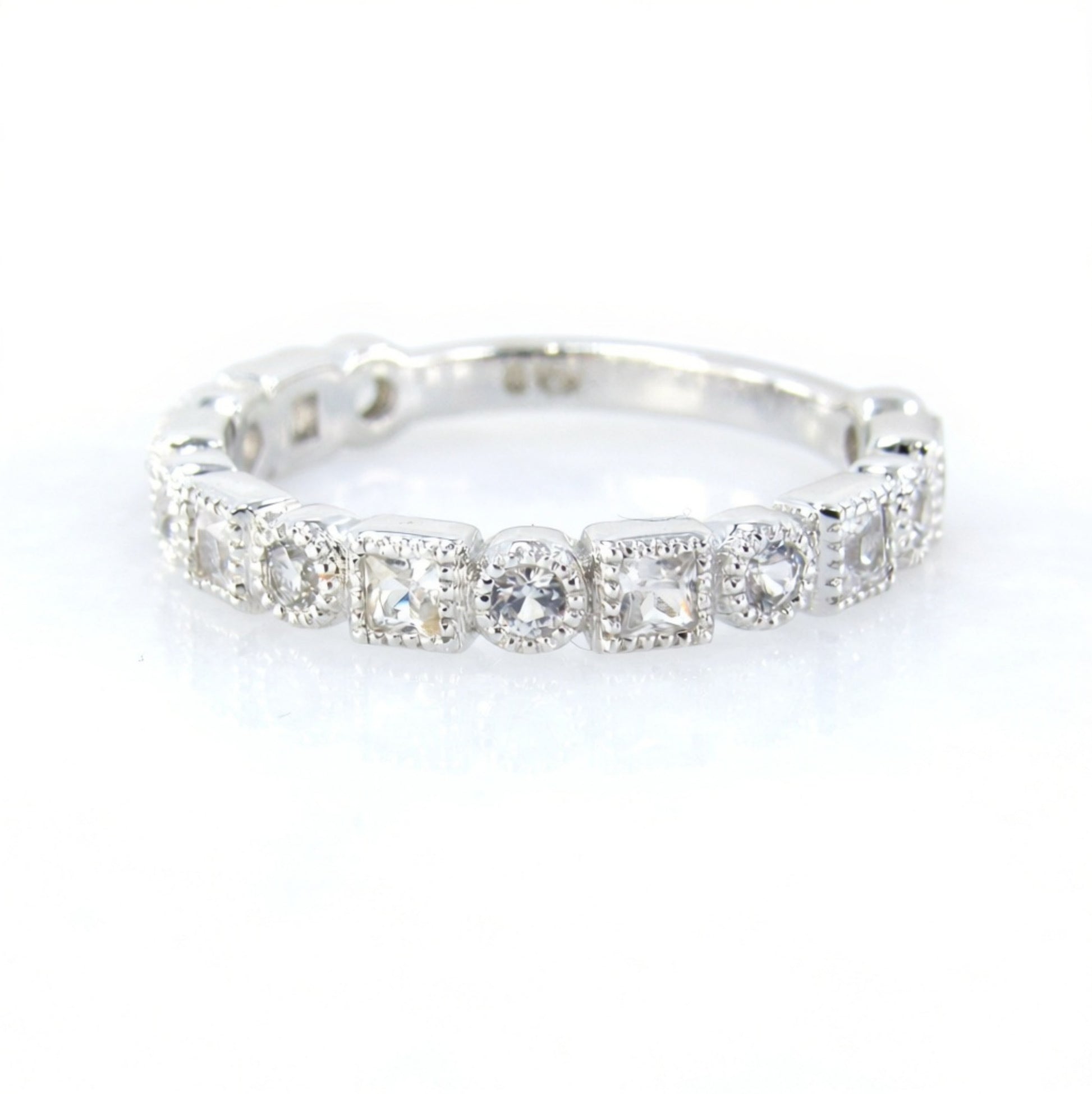 White Sapphire Milgrain Bezel Wedding Band, Princess Round Almost Eternity Bezel Engagement Bridal Ring, White Gold Band, Ready to Ship Band