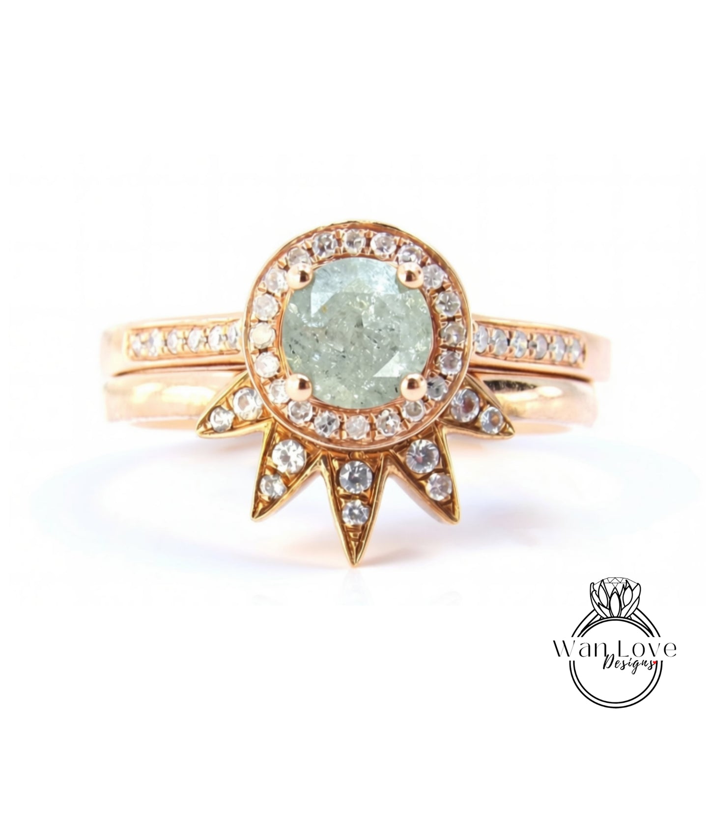A gold ring with a large, light green diamond at the center, surrounded by smaller diamonds and set in a halo-like design.