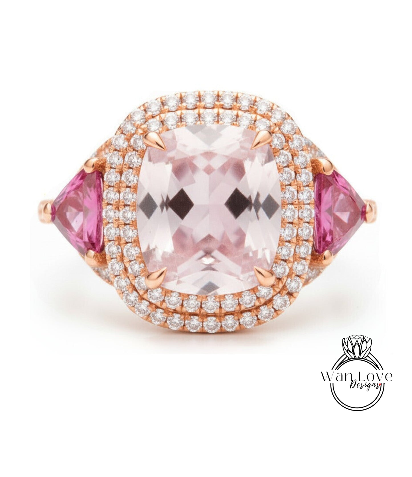 A large, ornate ring featuring a large pink gemstone surrounded by smaller pink gemstones and a halo of smaller diamonds.