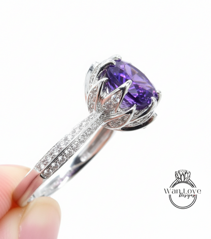 Alexandrite Sapphire engagement ring Lotus Flower Diamond rose gold ring unique diamond flower purple ring Anniversary promise bridal ring
