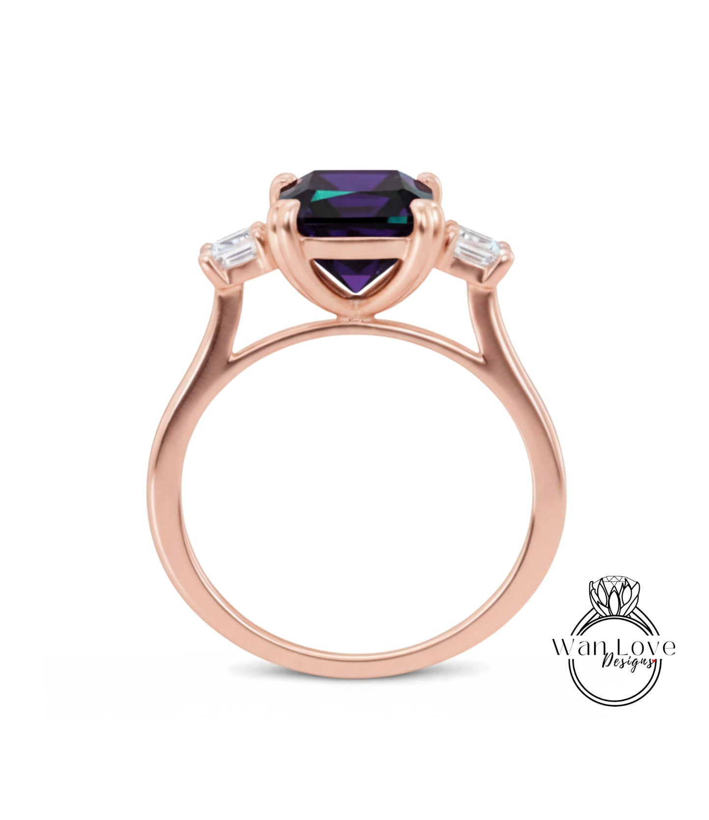A rose gold ring with a large purple gemstone set in the center.