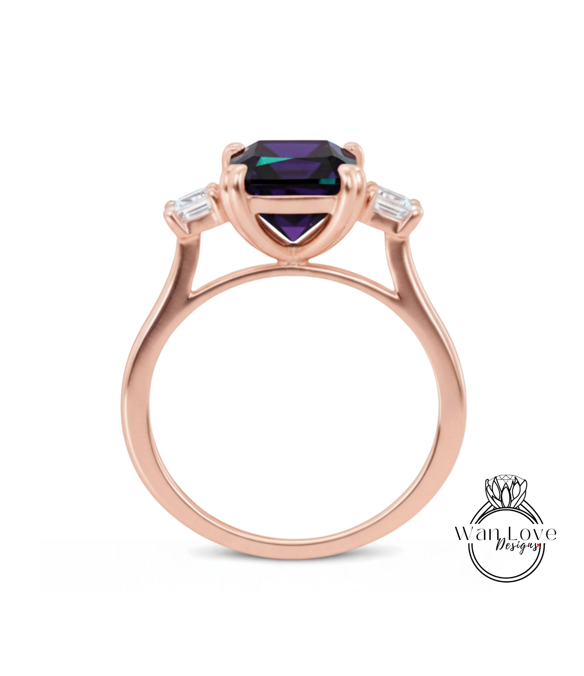 A rose gold ring with a large purple gemstone set in the center.
