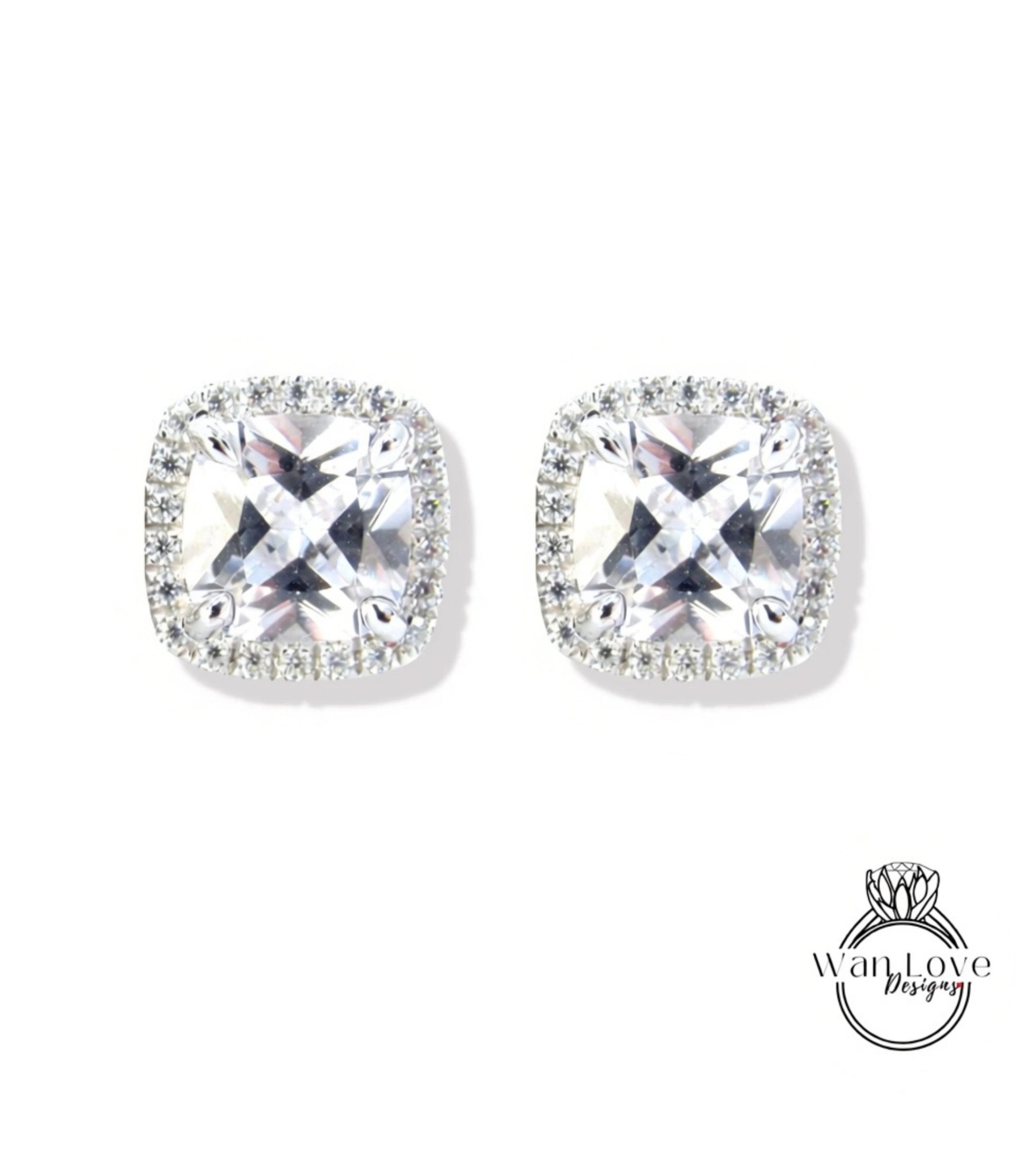 2ct White Sapphire cushion Halo Stud Earrings vintage wedding jewelry white gold art deco earrings wedding anniversary gift-Ready to Ship Wan Love Designs