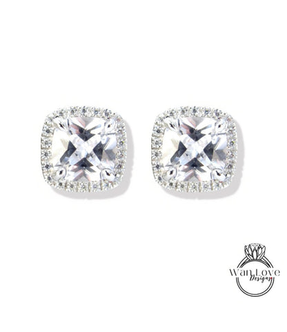 2ct White Sapphire cushion Halo Stud Earrings vintage wedding jewelry white gold art deco earrings wedding anniversary gift-Ready to Ship Wan Love Designs