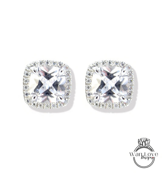 2ct White Sapphire cushion Halo Stud Earrings vintage wedding jewelry white gold art deco earrings wedding anniversary gift-Ready to Ship Wan Love Designs