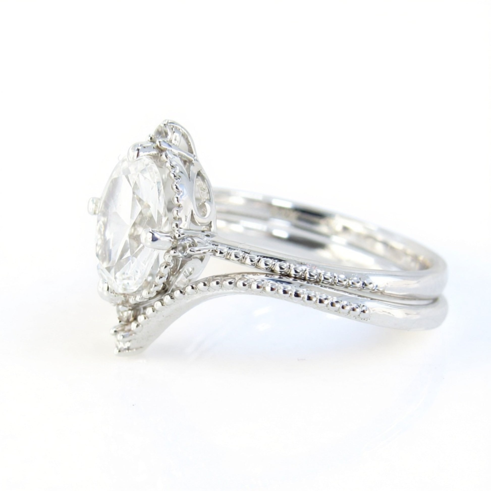 Oval White Sapphire engagement ring set vintage unique white gold engagement ring women Milgrain ring wedding Bridal Promise, Ready to Ship Wan Love Designs