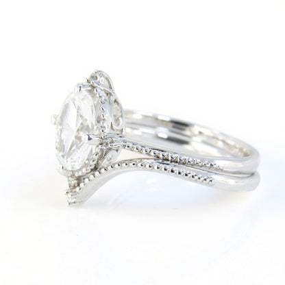 Oval White Sapphire engagement ring set vintage unique white gold engagement ring women Milgrain ring wedding Bridal Promise, Ready to Ship Wan Love Designs