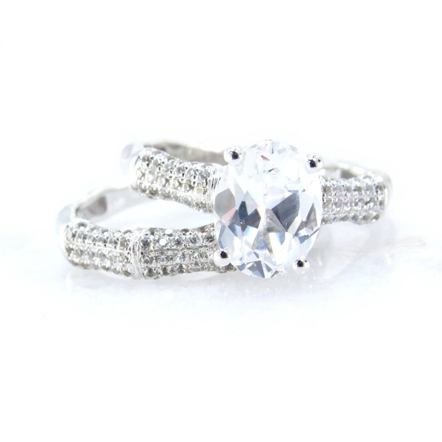 Oval Bamboo White Sapphire Engagement Ring Set, 3ct oval Pave Wedding Band set bamboo White Gold wedding jewelry Anniversary promise Gift Wan Love Designs