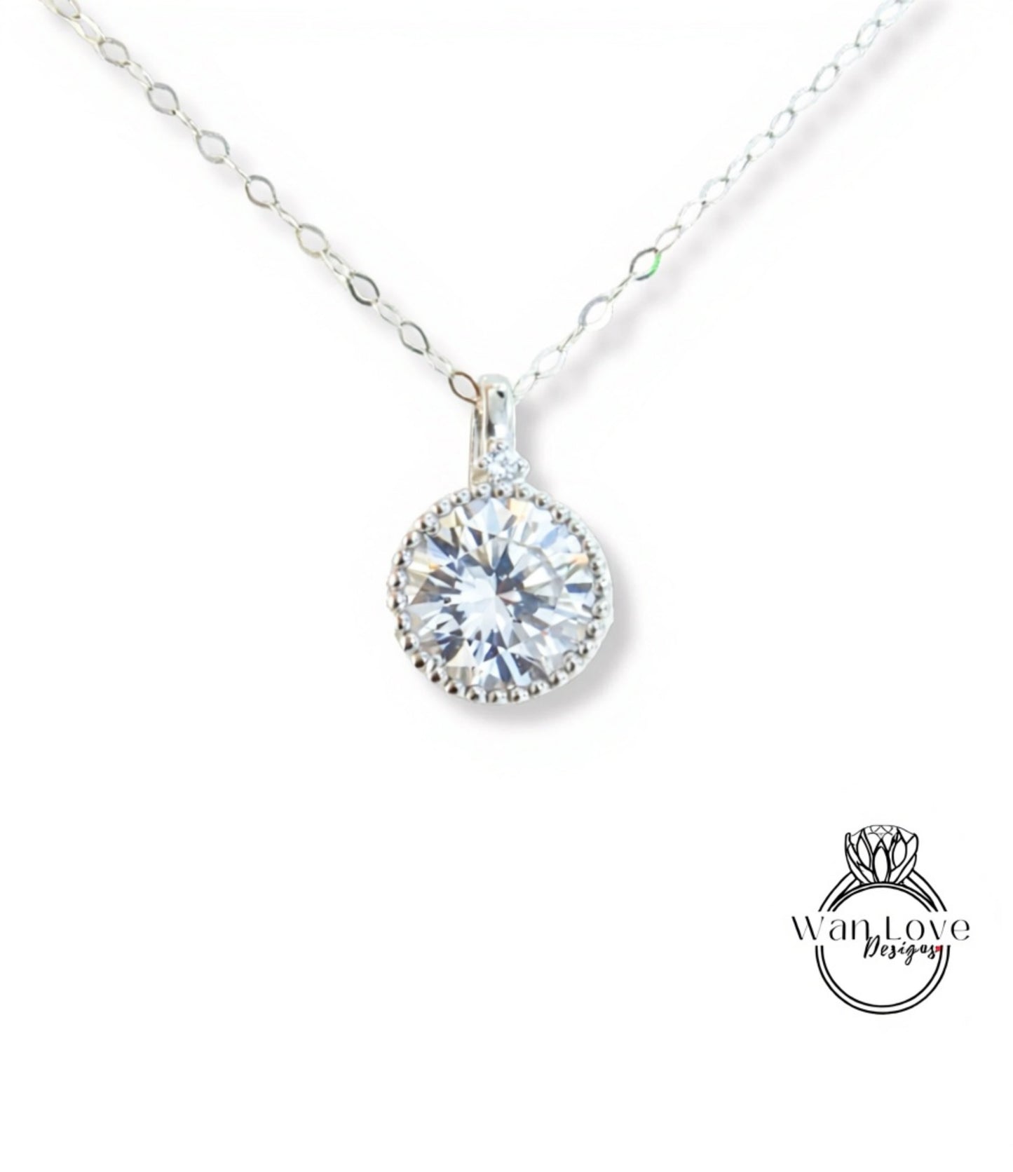 Moissanite White Blue Pink Sapphire Emerald Diamond Round Milgrain Bezel Charm Necklace Thin Chain Custom Wedding Anniversary Gift