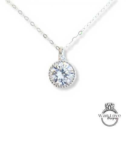 Moissanite White Blue Pink Sapphire Emerald Diamond Round Milgrain Bezel Charm Necklace Thin Chain Custom Wedding Anniversary Gift