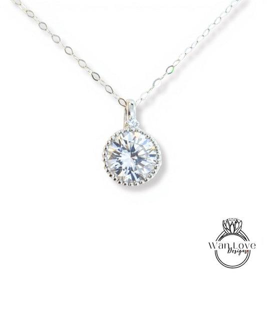 Moissanite White Blue Pink Sapphire Emerald Diamond Round Milgrain Bezel Charm Necklace Thin Chain Custom Wedding Anniversary Gift