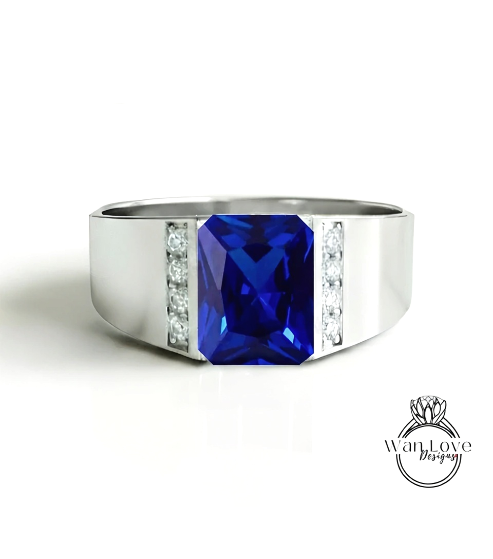 Fede nuziale da uomo in spinello nero | Fascia da uomo in oro bianco smeraldo da 2 ct | Fede nuziale con diamante nero taglio smeraldo | La sua fede nuziale con la pietra portafortuna