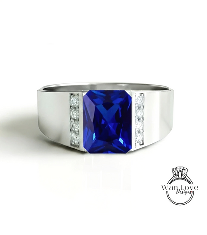 Fede nuziale da uomo in spinello nero | Fascia da uomo in oro bianco smeraldo da 2 ct | Fede nuziale con diamante nero taglio smeraldo | La sua fede nuziale con la pietra portafortuna