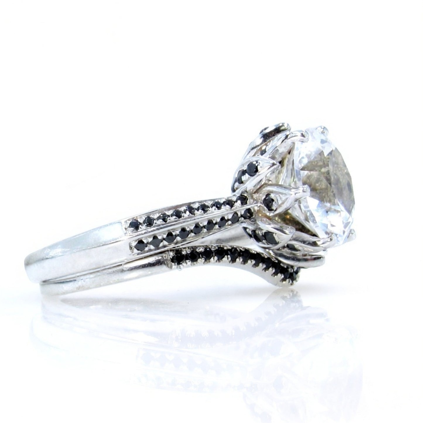 3 Carat White Sapphire Lotus engagement ring-Flower Nature inspired engagement ring-Black Spinel Lotus ring- vintage ring set-Ready to Ship